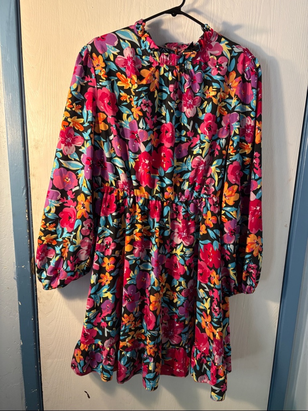 Girls Black Floral Long-Sleeve Dress - Vibrant Pink & Purple Flowers
